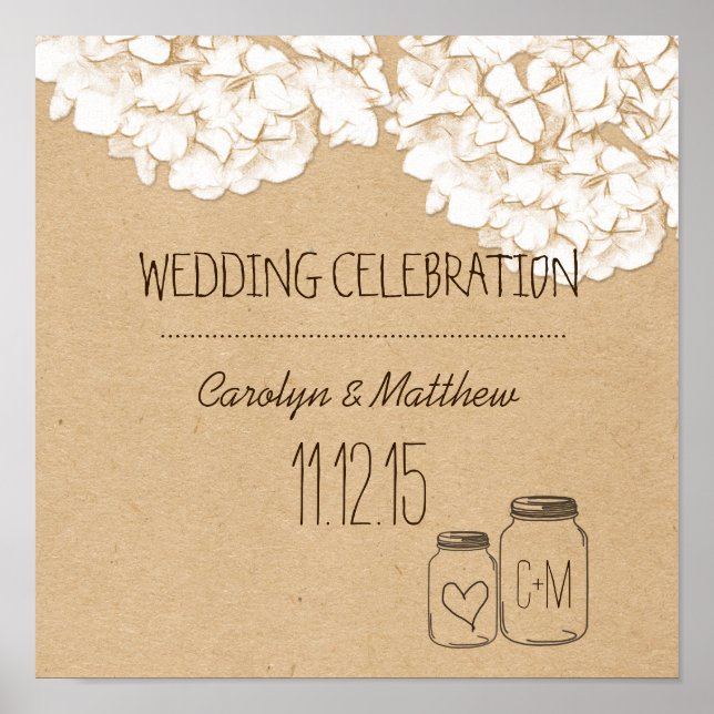 Poster Rustique papier Kraft Hydrangeas Mariage floral (Devant)