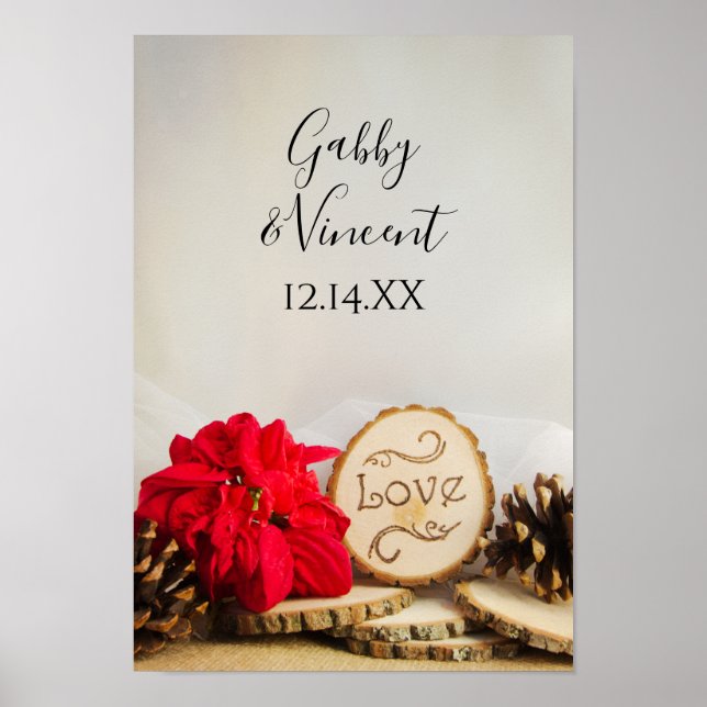 Poster Rustique Rouge Poinsettia Bois Mariage d'hiver (Devant)