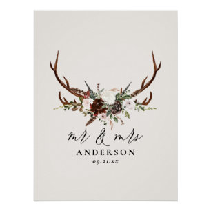 Poster Rustique stag aquarelle fleurie m. et mme mariage