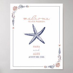 Poster Rustique Starfish Red & Blue Beach Mariage Bienven