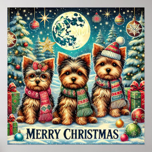 Poster Rustique Vintage Noël Terrier Yorkshire Chien