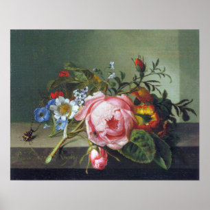 Poster Ruysch - Branche Rose Avec Kafer Et Abee