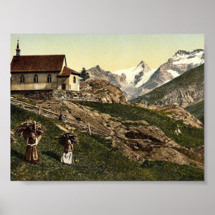 Poster Saas Fee, church and Rimpfischhorn, Valais, Alps o