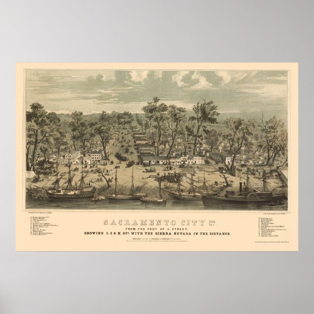 Poster Sacramento, CA Carte panoramique - 1850 (Devant)
