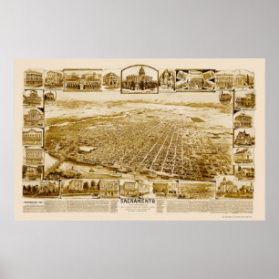 Poster Sacramento, carte panoramique de CA - 1890's