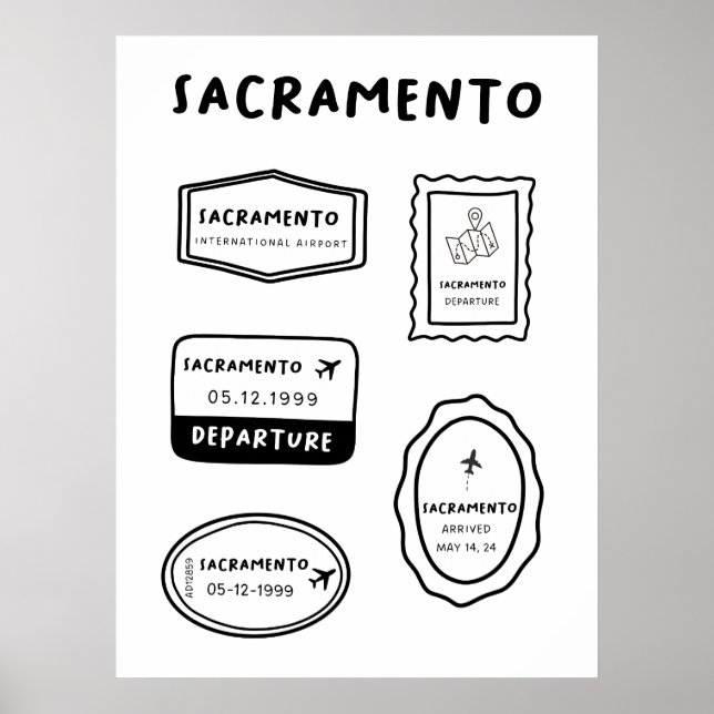 Poster Sacramento - Collection de timbres de voyage | Min (Devant)