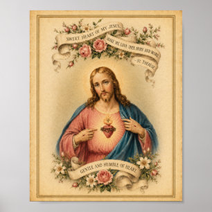 Poster Sacré-Cœur de Jésus vintage avec prière de Ste Thé