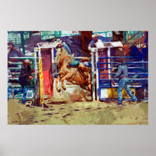 Poster Saddle Bronc Breaking Out of Rodeo Chute w Cowboy