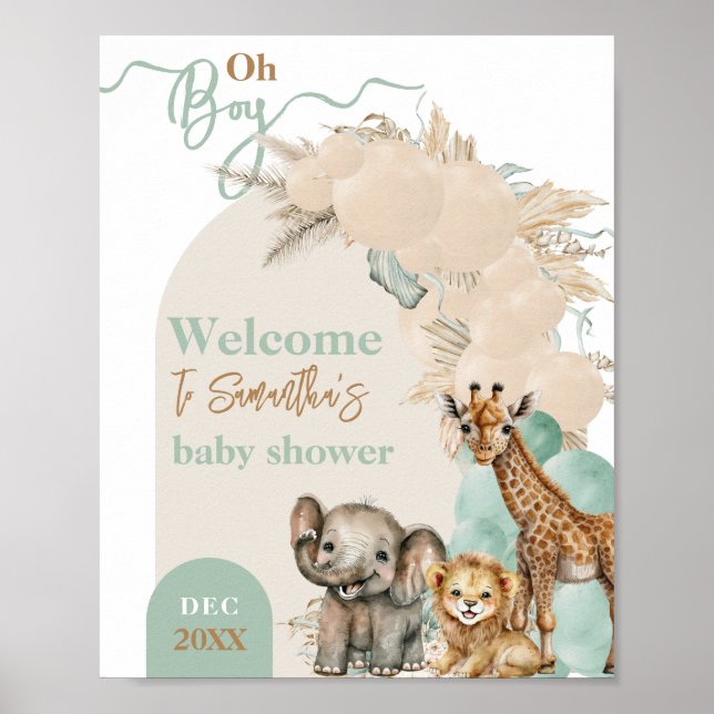 Poster Safari animal Boho Oh Boy Baby shower Bienvenue (Devant)