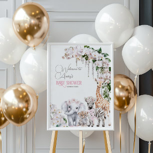 Poster Safari Animal Tropical Baby shower rose Fleur