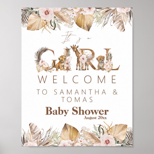 Poster Safari Animal Tropical Floral Girl Baby shower (Devant)