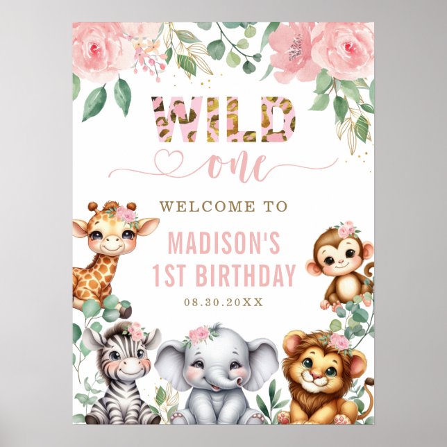 Poster Safari Animal Wild One Floral 1er Anniversaire Bie (Devant)