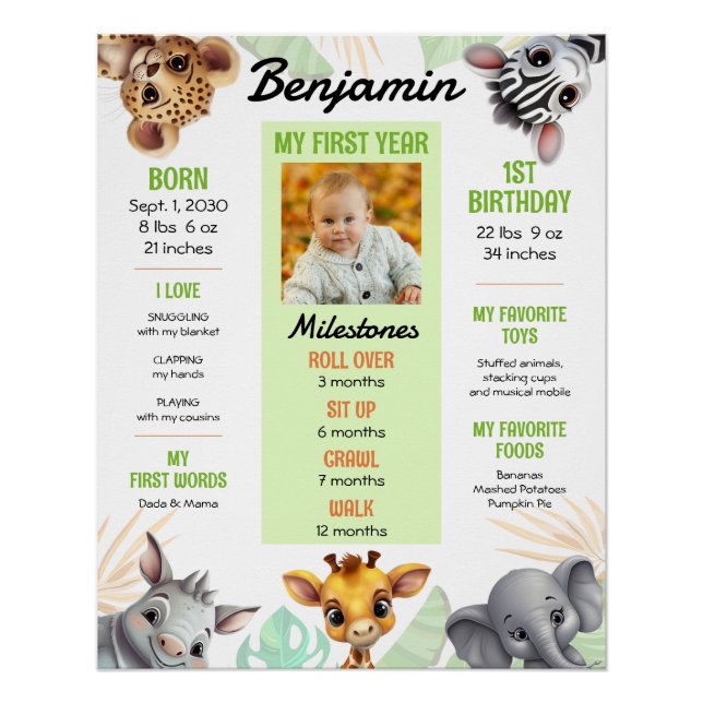 Poster Safari Animaux 1er Anniversaire Jalons Photo (Devant)