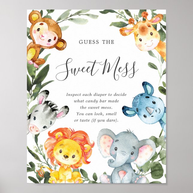 Poster Safari Animaux Baby showers Devinez Le Mess Sweet (Devant)