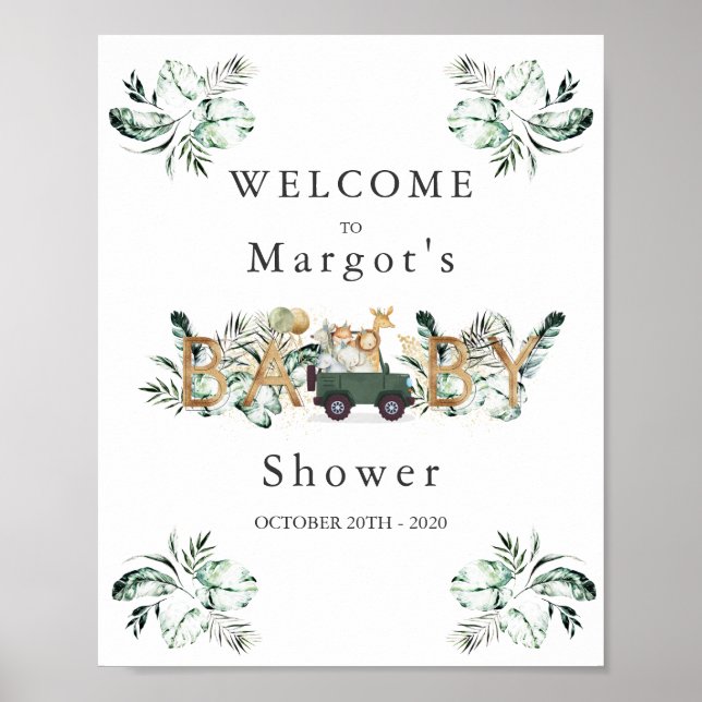Poster Safari Animaux Conduite Par Baby shower Verdure Or (Devant)