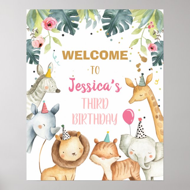 Poster Safari Animaux Fille Anniversaire Panneau de bienv (Devant)