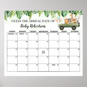 Poster Safari Baby Shower Jungle Guess Due Date Calendar
