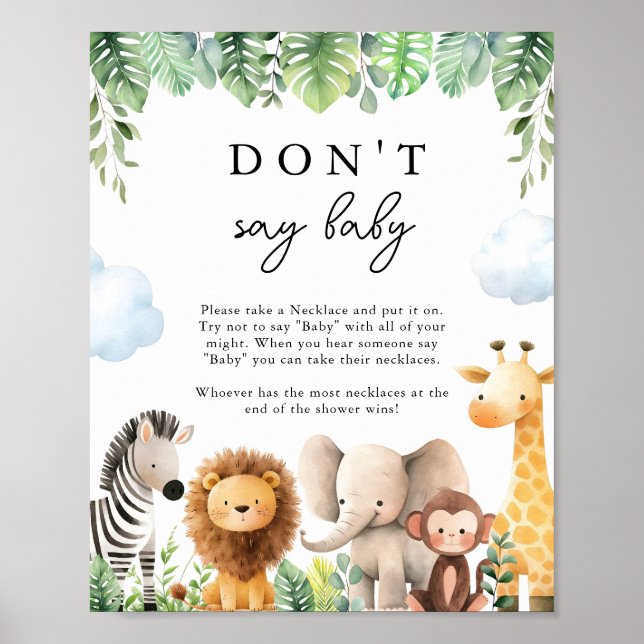 Poster Safari Baby shower Ne pas dire jeu de bébé (Devant)