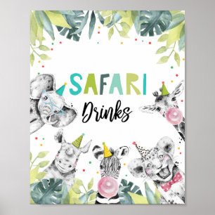 Poster Safari Boissons Fête Animaux Garçon Signal d'anniv