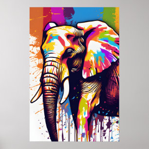 Poster Safari Elephant Art, Rainbow Paint Splatter Wall