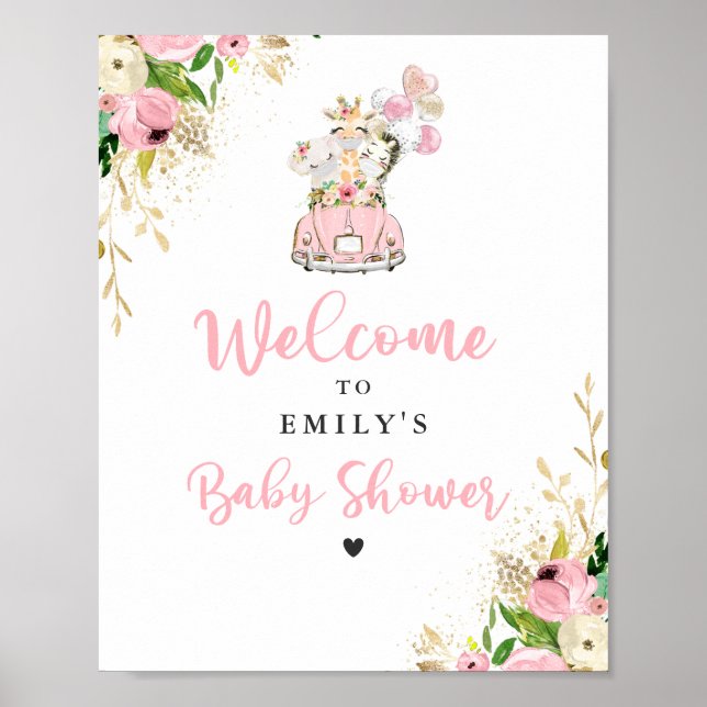 Poster Safari Floral Rose Animaux Conduits Par Baby showe (Devant)