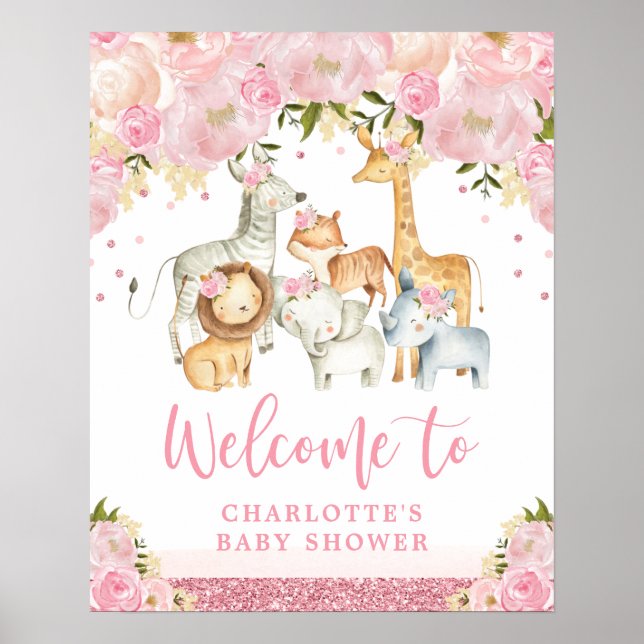 Poster Safari Floral Rose Blush Wild Animals Bienvenue bé (Devant)