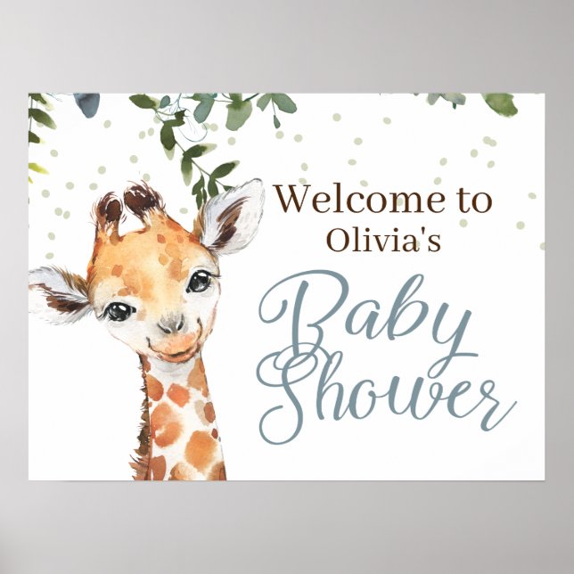 Poster Safari Giraffe Baby shower d'accueil gris bleu (Devant)