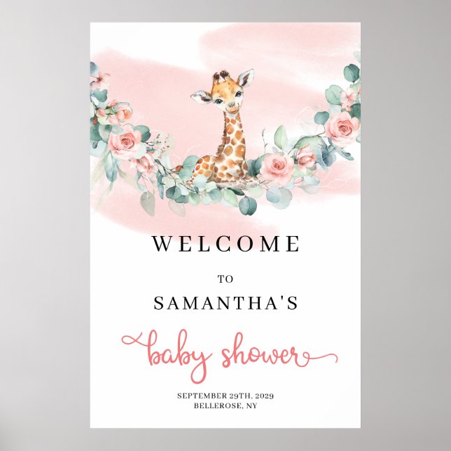 Poster Safari Giraffe Eucalyptus Baby shower fille Bienve (Devant)