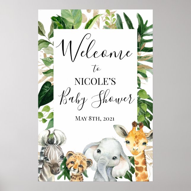 Poster Safari Green Foliage Baby shower de bienvenue (Devant)