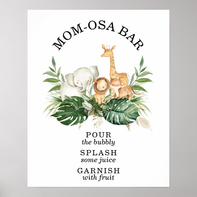Poster Safari Green Foliage Baby shower Mom-osa Bar (Devant)