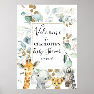 Poster Safari Grey Gold Foliage Baby Shower Welcome