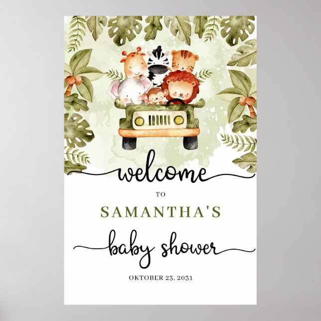Poster Safari jungle animaux camion baby shower accueil (Devant)