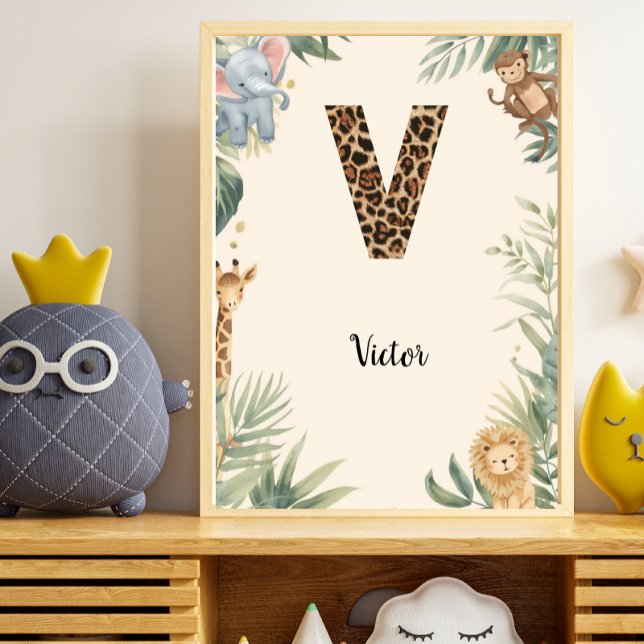 Poster Safari Jungle Personalized Name Monogram V Nursery (Créateur téléchargé)
