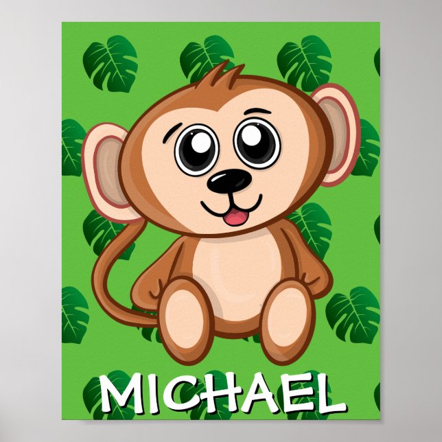 Poster Safari Singe Mignon Vert Dessin Animé Jungle Nom Z (Devant)