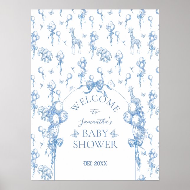 Poster Safari Toile Bleu Baby shower animal Bienvenue (Devant)