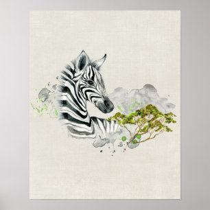 Poster Safari Zebra Avec Aquarelle Savannah Arbre Vert