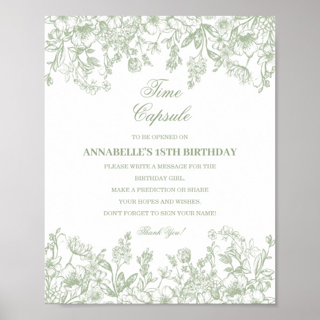 Poster Sage Chinoiserie Floral Time Capsule Baby Birthday (Devant)