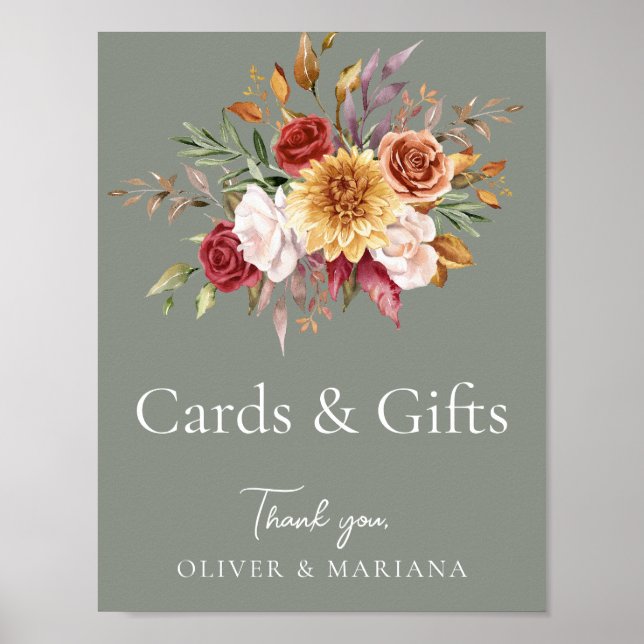 Poster Sage Floral Automne Vert Mariage Cartes & Cadeaux  (Devant)