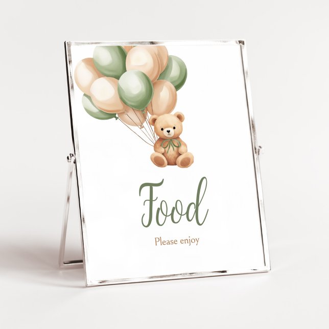 Poster Sage Green Bear Ballotte Baby shower Nourriture (Green Boho Bear Baby Shower Food Sign)