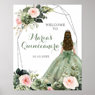Poster Sage Green Blush rose Floral Quinceañera Bienvenue
