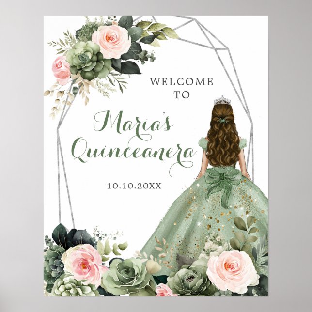 Poster Sage Green Blush rose Floral Quinceañera Bienvenue (Devant)