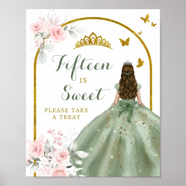 Poster Sage Green Blush rose Quinceañera Quinze est doux (Devant)