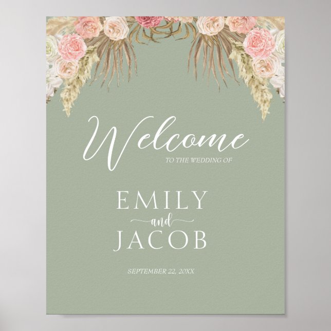 Poster Sage Green Boho Floral Mariage Whimsical Bienvenue (Devant)