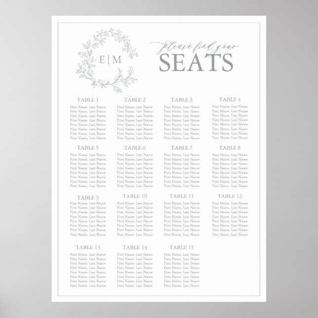 Poster Sage Green Crest Monogramme Mariage Siège (Devant)