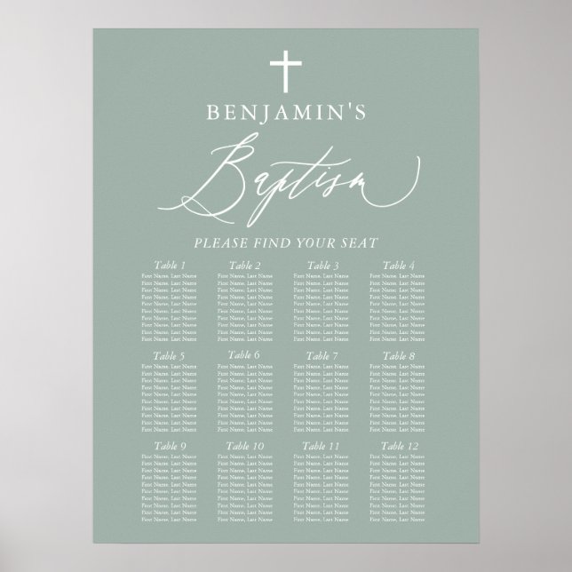 Poster Sage Green Cross Boy Baptism Sise Graphique de siè (Devant)