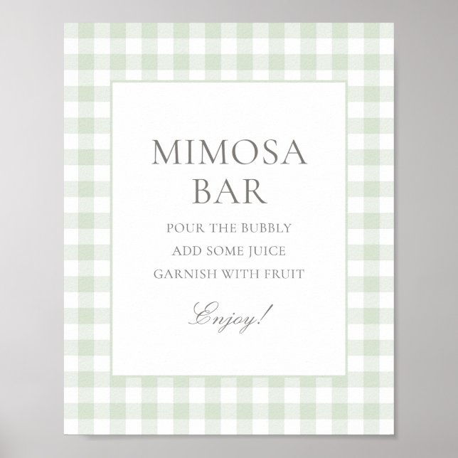Poster Sage Green En vichy Baby shower Mimosa Bar (Devant)