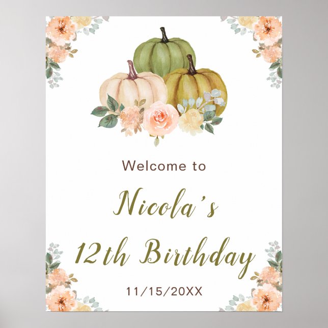 Poster Sage Green et Peach Floral Citrouille Anniversaire (Devant)