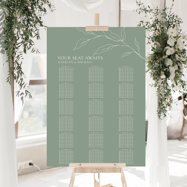 Poster Sage Green Feuille d'olive Mariage 18 Table Sièges (Créateur téléchargé)