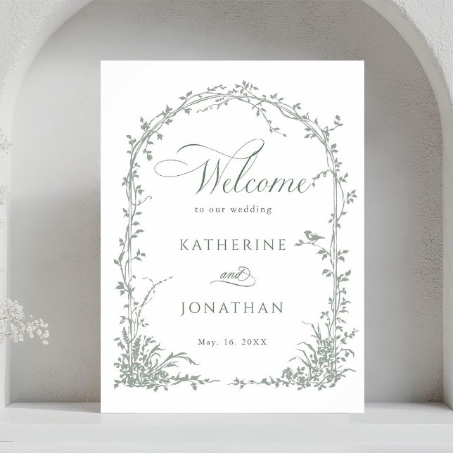Poster Sage Green Floral Arch Garden Wedding Welcome  (Créateur téléchargé)
