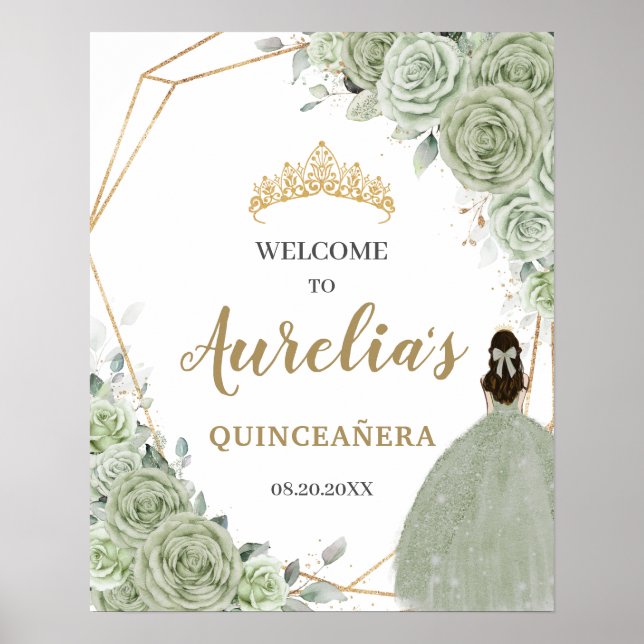 Poster Sage Green Floral Quinceañera Accueil géométrique (Devant)